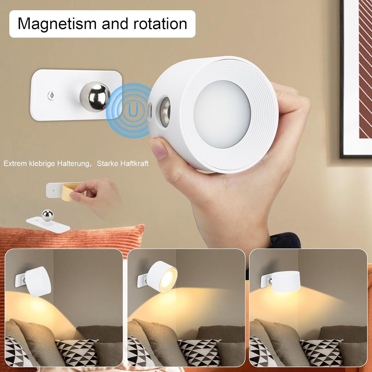 2 Pezzi Lampada a Batteria, LED Moderna Applique Parete Controllo Touch Telecomando Ruotare 360° Dimmerabile Batteria Ricaricabile Modalità Luminosità Calda/Bianca per Camera Da Letto