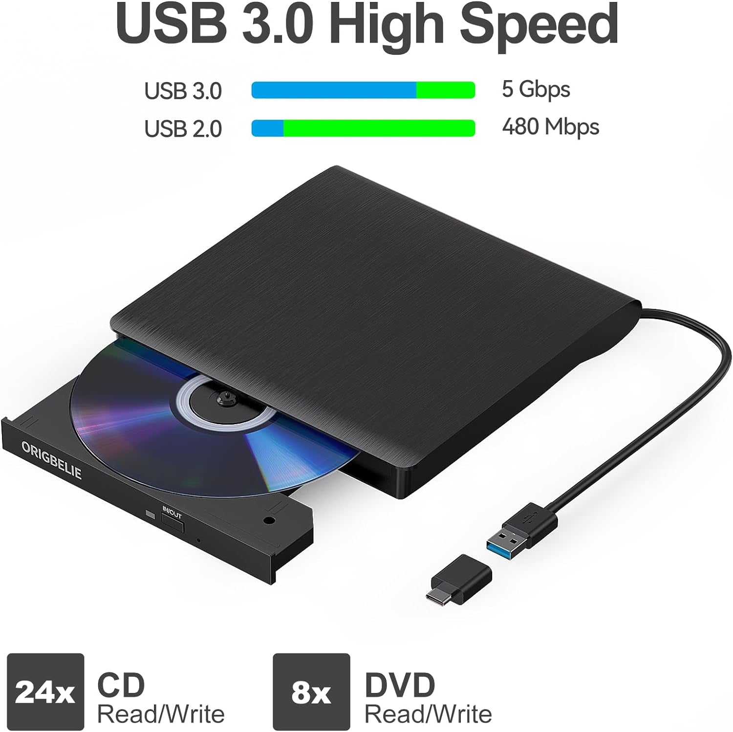 Lettore CD Esterno USB 3.0 DVD-R CD-RW Drive, Plug&Play Masterizzatore DVD Esterno, Ultra Magro Lettore DVD Portatile per PC Desktop Macbook Air/Pro Windows 11/10/8/7/XP Vista Linux Mac OS