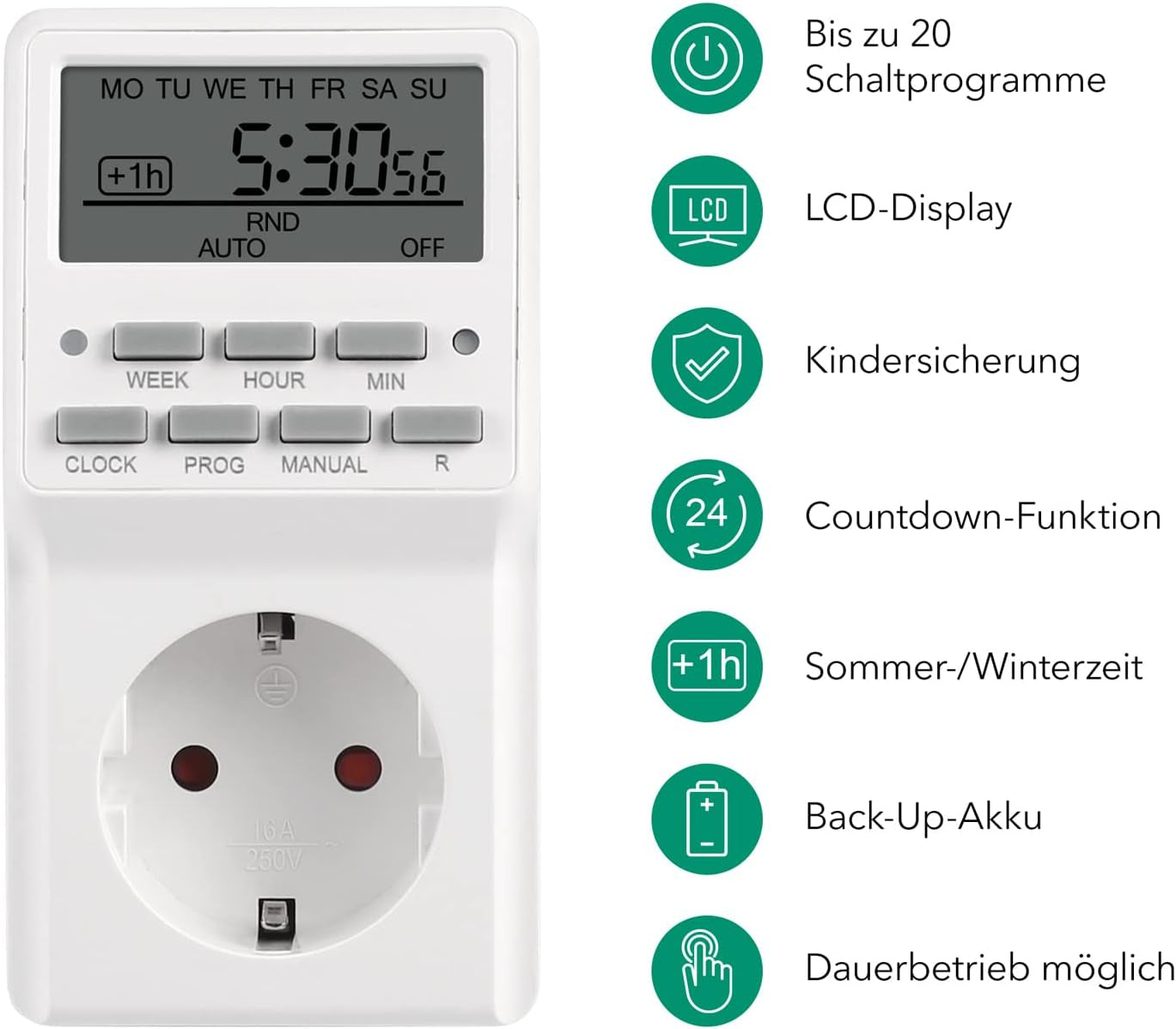 Timer Digitale, Set Di 2 Timer Con 20 Programmi Di Commutazione, Timer Settimanale per Interni, Conto Alla Rovescia, Funzione Casuale, 16 A/3680 W