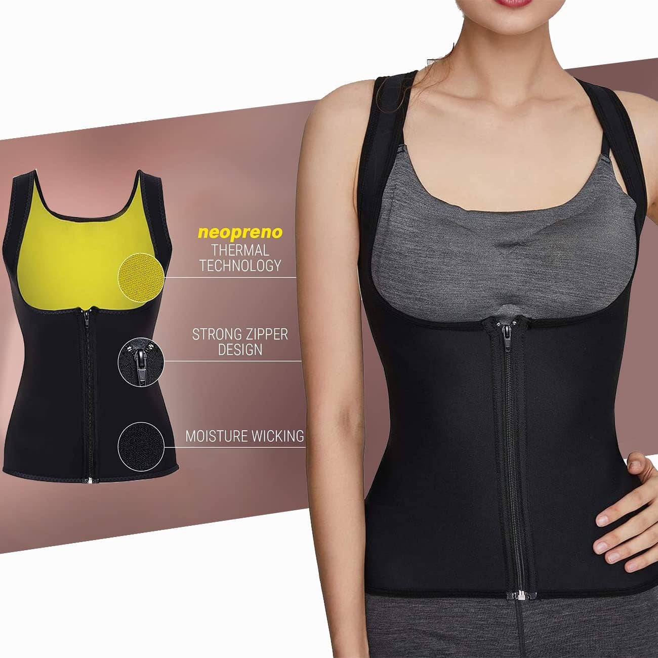 Sauna Gilet Donna Sudore Sportivo Fitness Canotta Gilet Dimagrante Donna Neoprene Formazione Canotta Compressione Con Cerniera Snellente Body Shaper 2XL