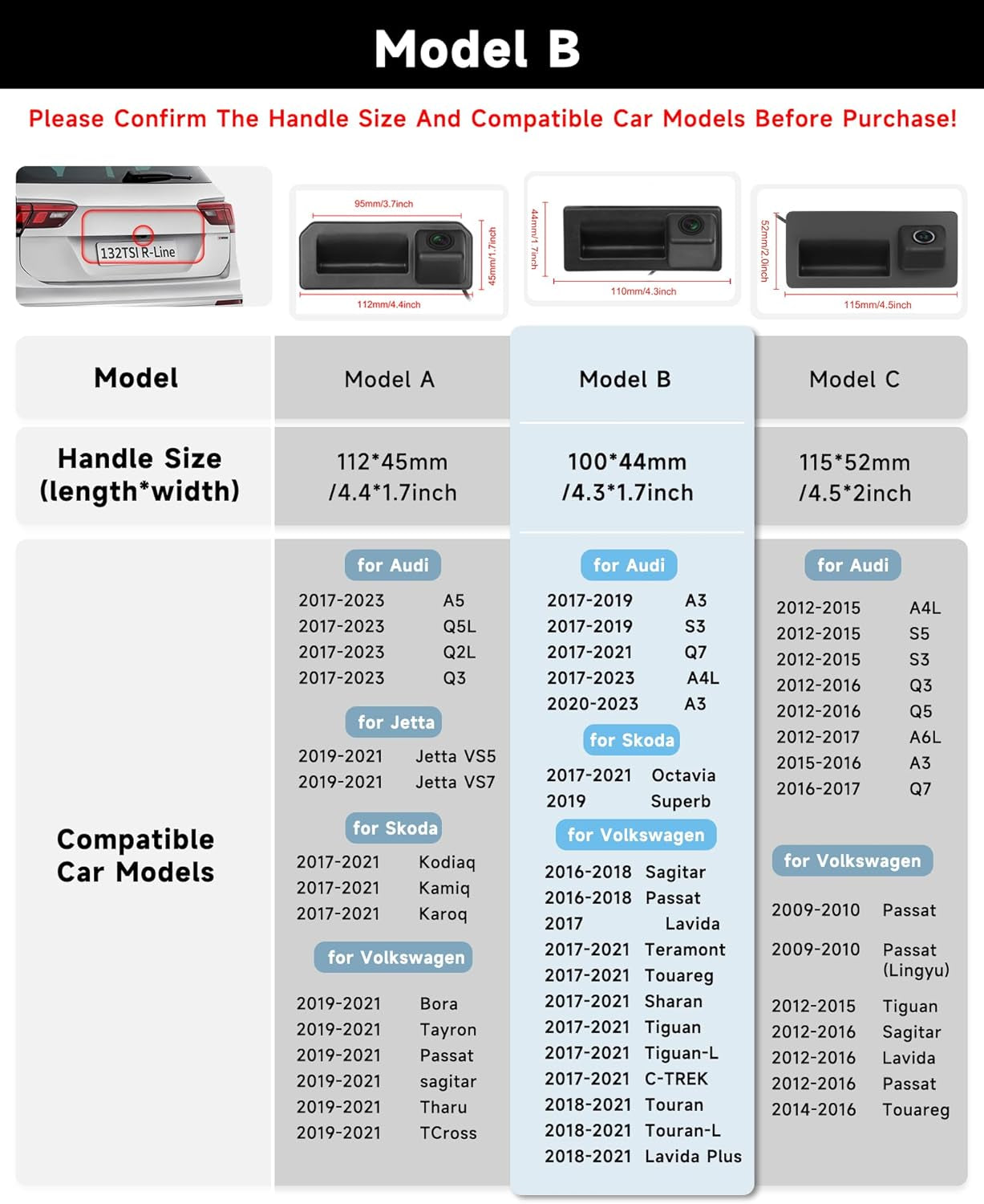 170 Gradi Telecamera Retromarcia per Vw/Audi/Skoda, AHD&CVBS IP67 Impermeabile Visione Notturna Auto Tronco Maniglia Telecamera Posteriore per Tiguan Touran PASSAT per Audi A3 A4L