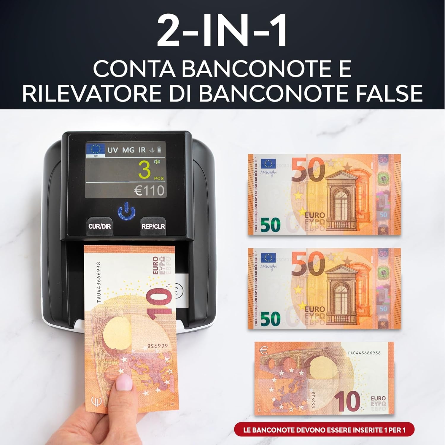 Rilevatore Verifica Banconote False E Conta Moneta Euro 2 in 1 INSERTO UNO per UNO - Rileva Banconote False UV/MG/IR per Banconote Euro E Dollari Finti, False Sterline - Portatile Compatto E Leggero