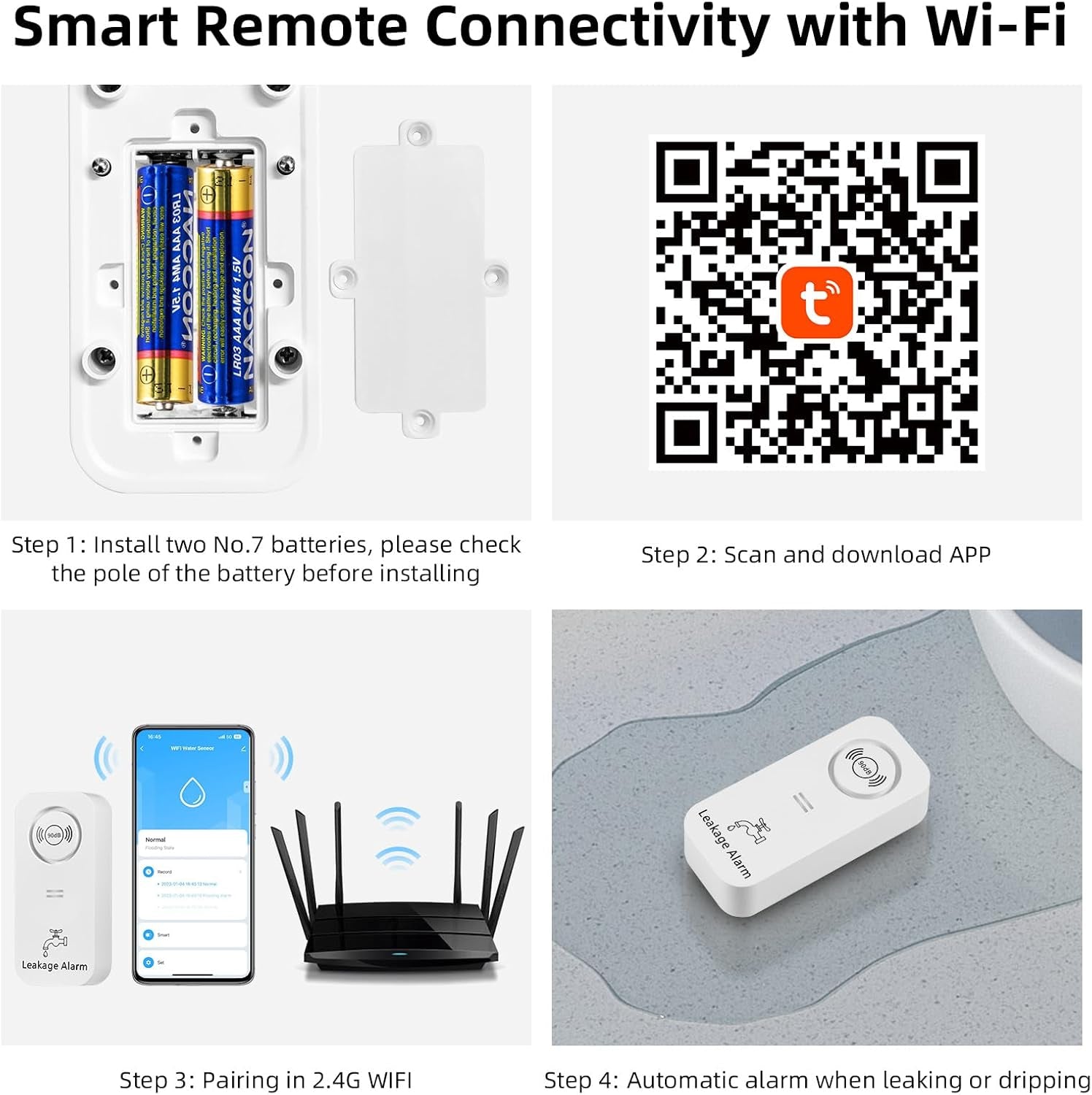 Rilevatore Di Perdite D'Acqua Wifi (Wifi 2.4G), Allarme Sensore D'Acqua Da 90 Db E Avviso Tramite App, Allarme Rilevatore Di Perdite Wireless, per Tubi, Cucine, Bagni, Cantine (4 Pezzi)