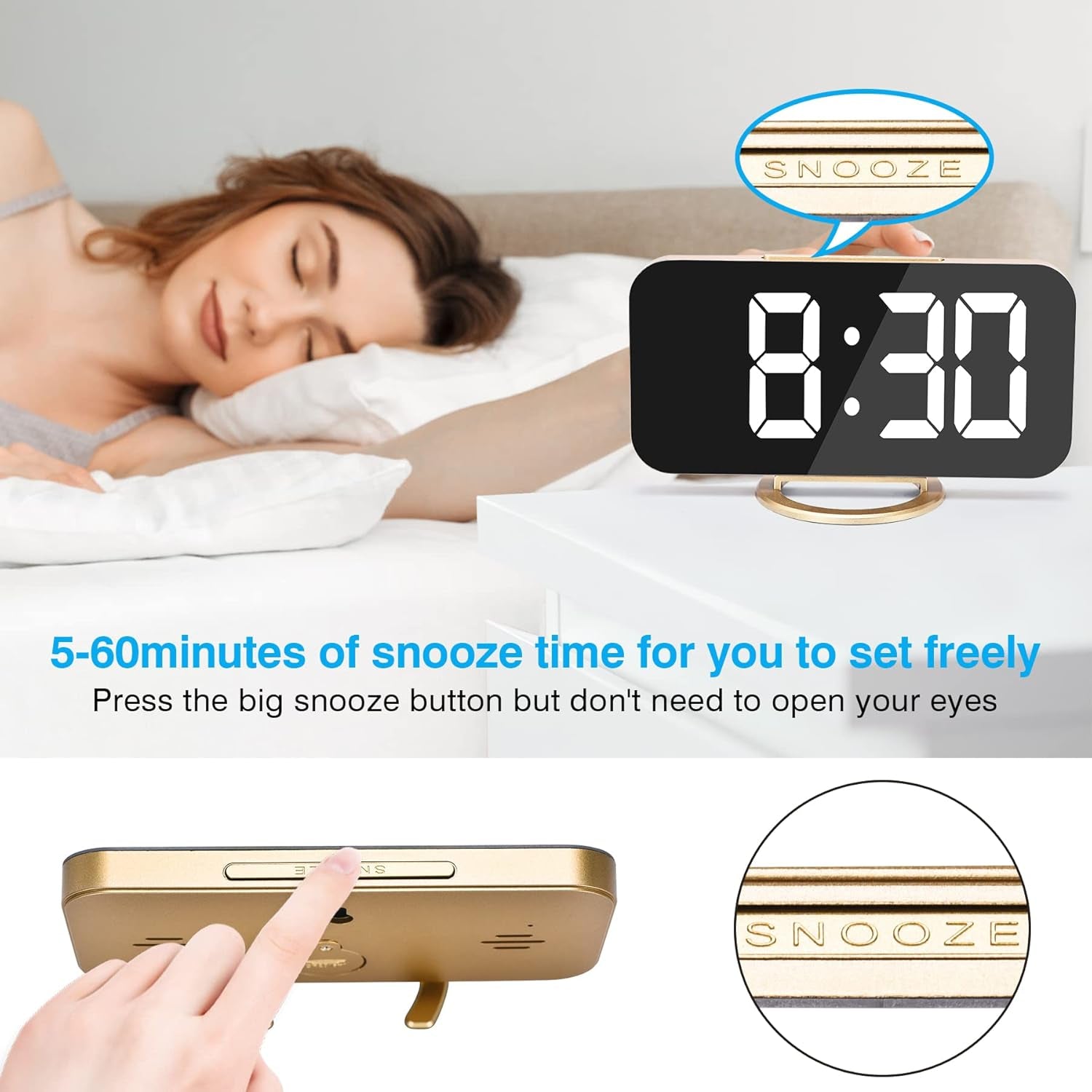 Sveglia Digitale, Elettronica, Grande Display LED a Specchio Portatile Con 2 Porte Di Ricarica USB, Snooze, 12/24 Ore Sveglia Comodino 3 Livelli Di Dimmer-Oro