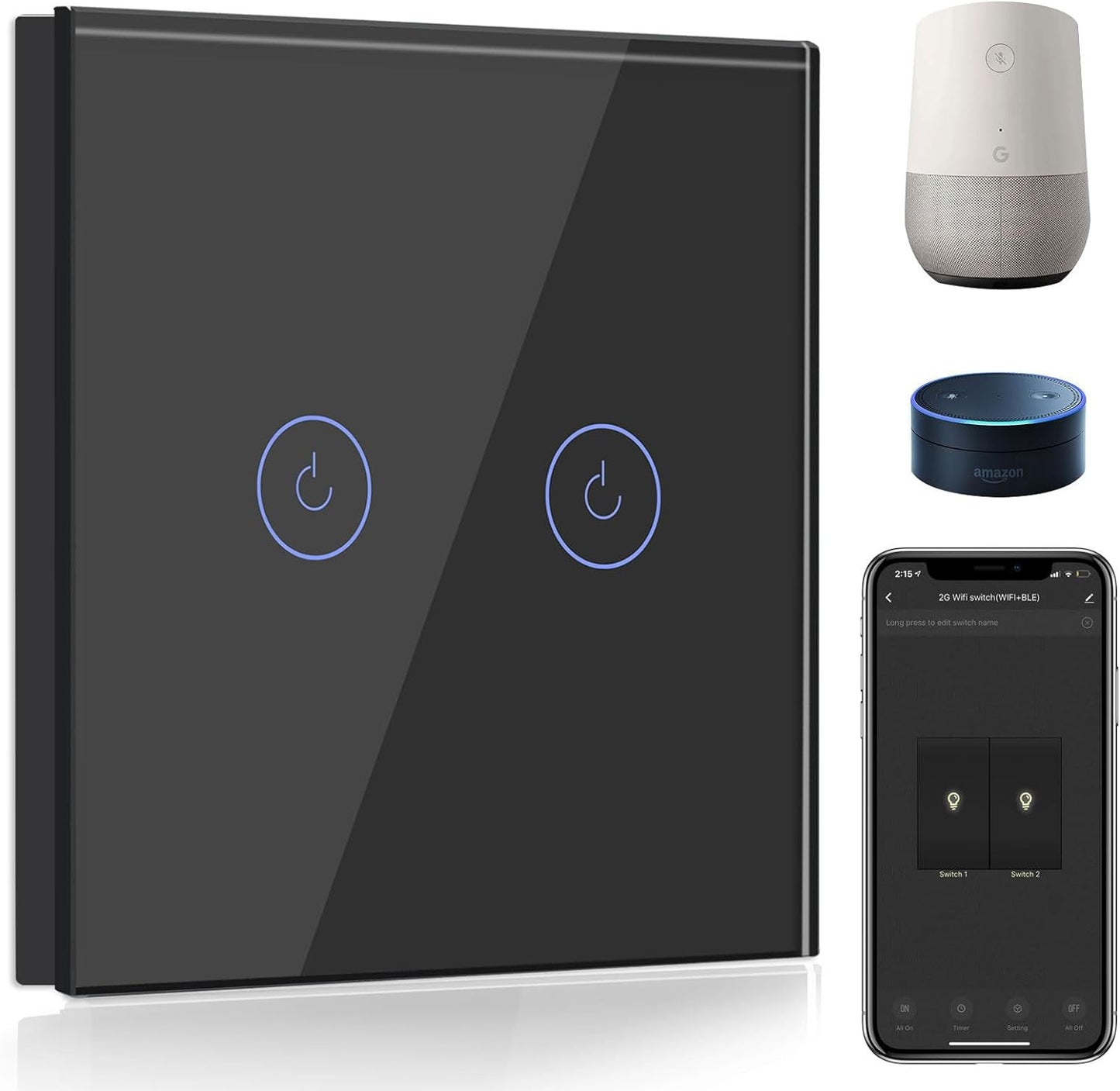 Interruttore Della Luce Intelligente Alexa a 2 Vie, 1 Via, Wifi, Funziona Con Amazon Alexa E Google Home, Interruttore Touch Screen, Colore Nero (Necessario Filo Neutro)