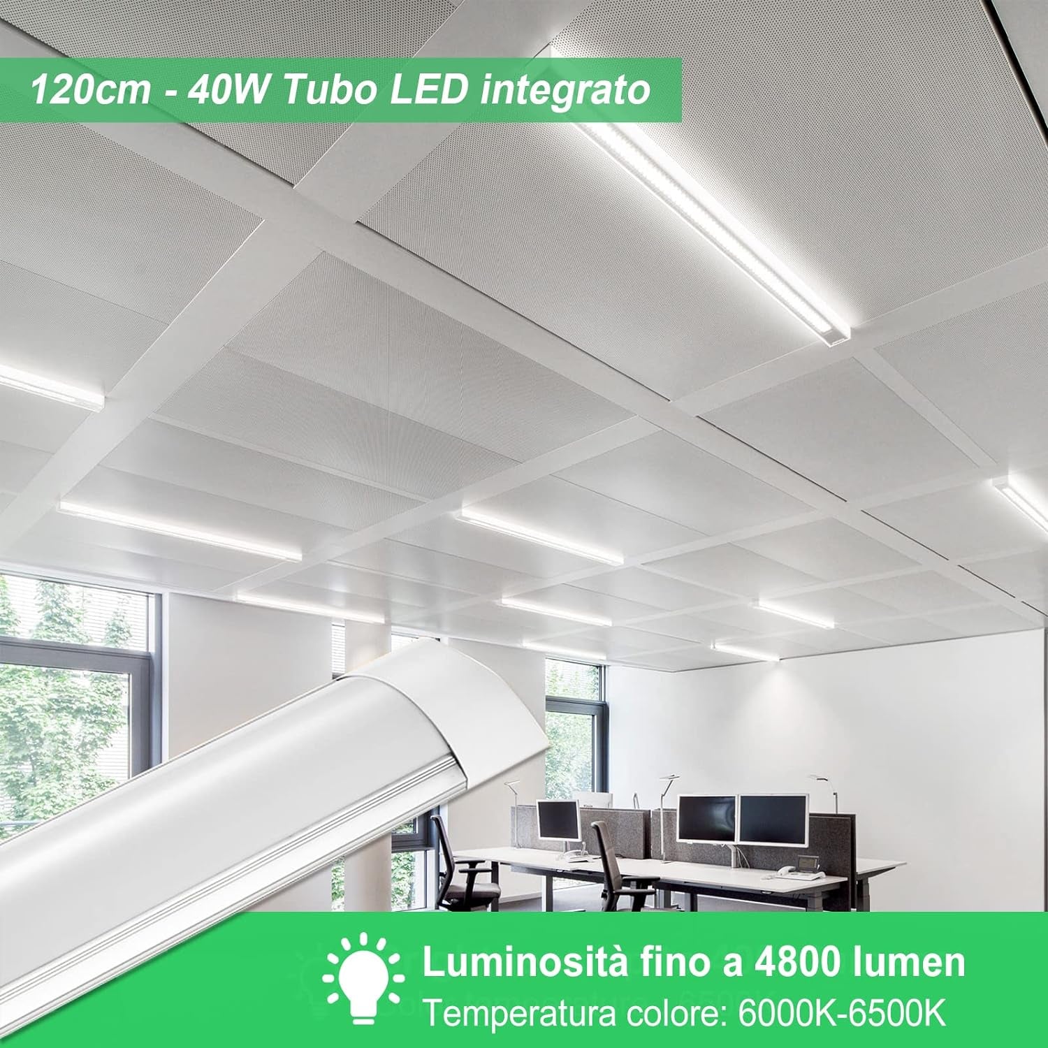 Plafoniera Da Officina, 115Cm 40W LED Luminaire 4800LM Lampada Da Soffitto, 6500K Bianco Freddo Lineare Tubo Neon LED Sottopensile Luce per Parete Garage Ufficio Cucina Barra Magazzino,2Pack