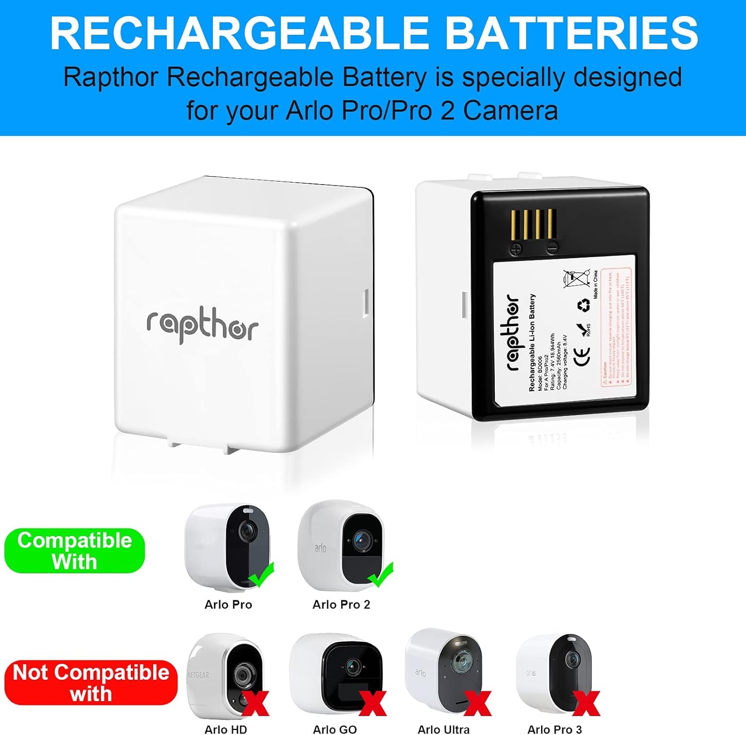 Batteria Ricaricabile Da 2560 Mah, Compatibile Con Batteria Di Ricambio Arlo Pro/Pro 2, 7,4 V, Con Stazione Di Ricarica per Arlo Pro/Pro 2 Camera- VMA4400 (2 Pack+Charger)