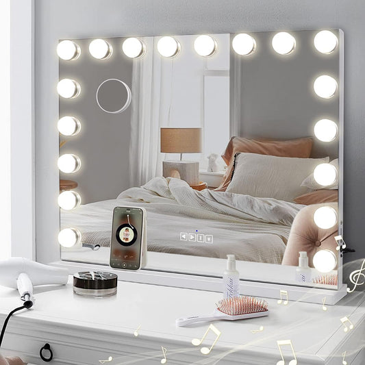 80X60Cm Specchio Trucco Con Luci E Bluetooth Specchio Trucco Hollywood Con 18 Lampade a LED Dimmerabili Porta Di Ricarica USB Grande Specchio Makeup Con Luci Specchio Ingranditore