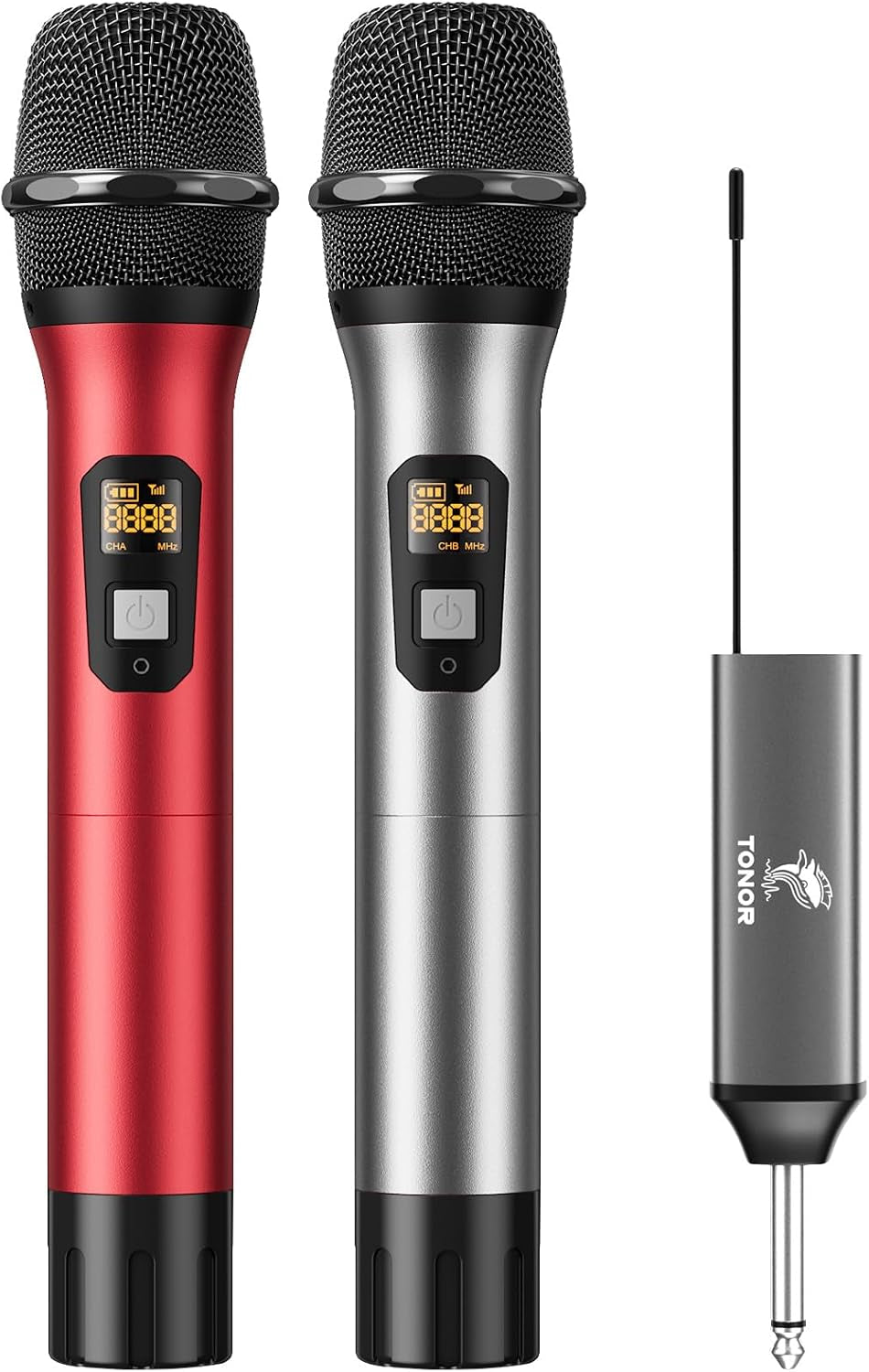 Microfono Senza Fili UHF Sistema Microfonico Dinamico a Doppio Cordless in Metallo Con Ricevitore Ricaricabile, Set Di Microfoni Wireless per Canto Karaoke, DJ, Festa, 60M (TW630) Grigio E Rosso