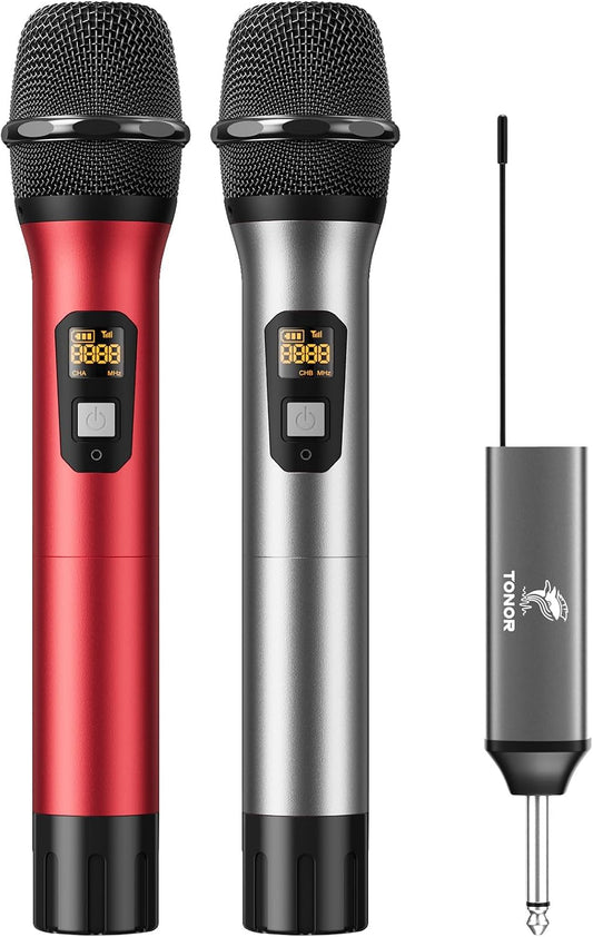 Microfono Senza Fili UHF Sistema Microfonico Dinamico a Doppio Cordless in Metallo Con Ricevitore Ricaricabile, Set Di Microfoni Wireless per Canto Karaoke, DJ, Festa, 60M (TW630) Grigio E Rosso