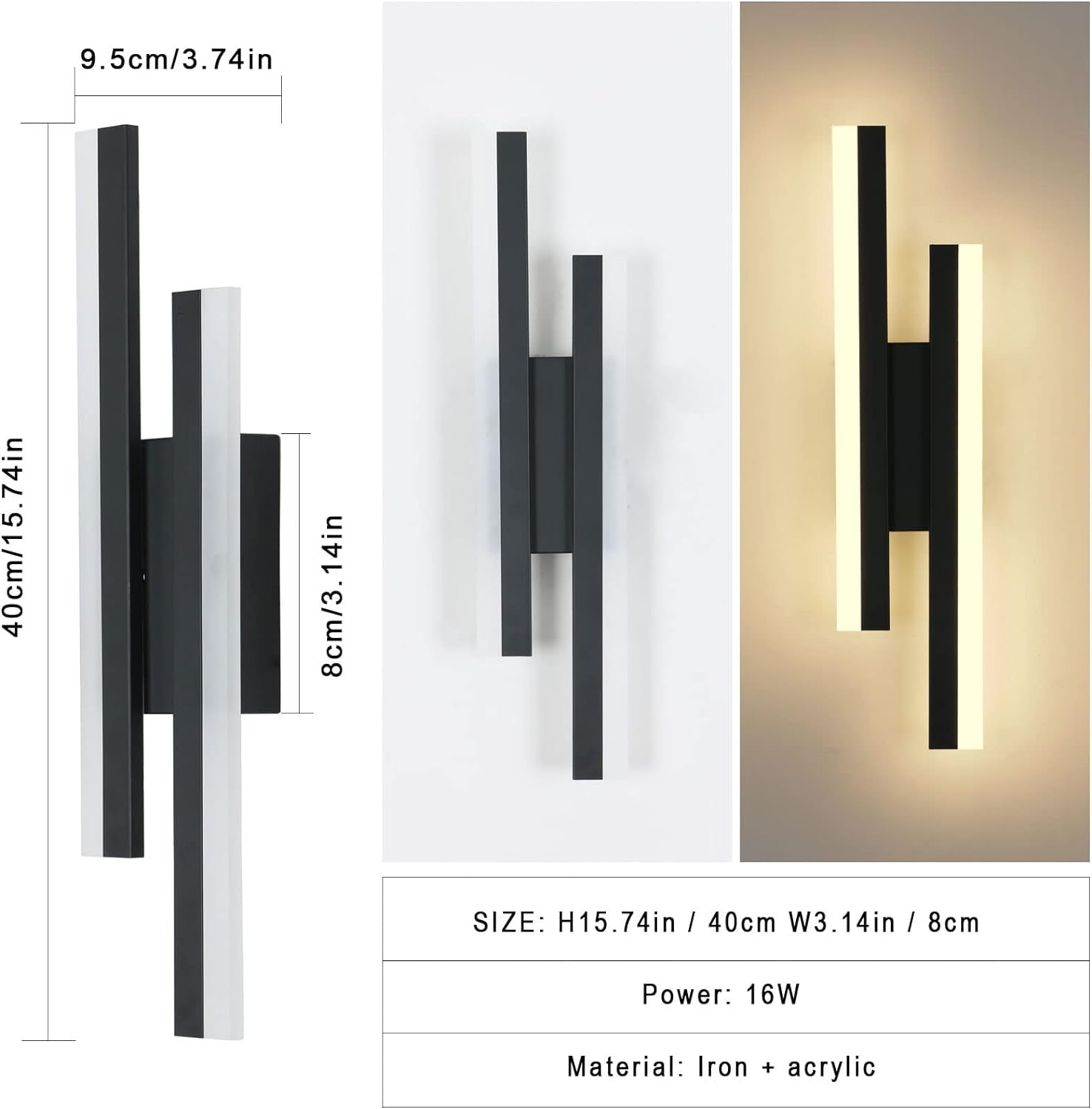 Applique Da Parete Interno, Moderno Lungo Lampada Da Parete LED 16W 1800LM, LED Lampada a Muro in Acrilico per Soggiorno, Camera Da Letto, Scala, 3000K Bianca Calda, Nero