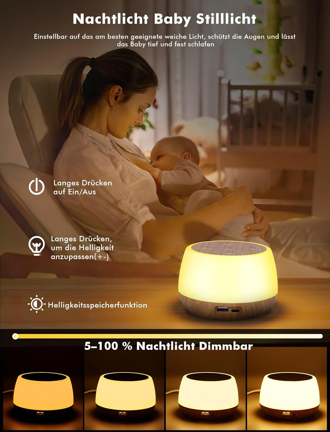 Luce Notturna,8 Colori 3 Modalità Lampada Comodino Dimmerabile Touch, 20W Rapida Lampada Ricaricabile, Lucina Notte Bambini Mit 1/2/3H Timer, Lampada Bambini per Bambini, Neonato, Cameretta, Campeggio