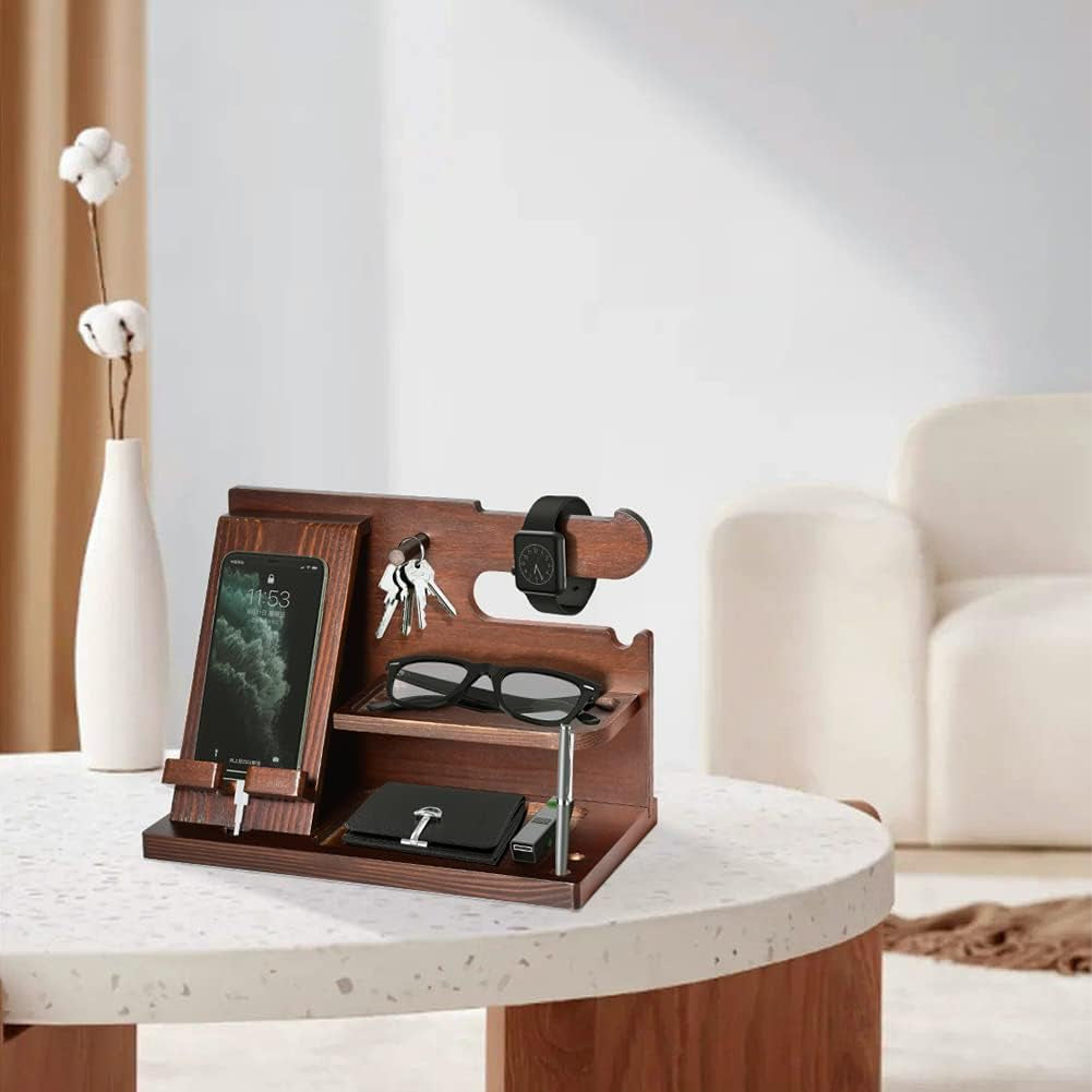 Regalo Uomo Docking Station in Legno per Telefono Supporto Portafoglio Orologio Con Ganci Regalo Papà Regalo San Valentino per Lui Anniversario Compleanno Regalo per Marito Festa Del Papa Idee Regalo