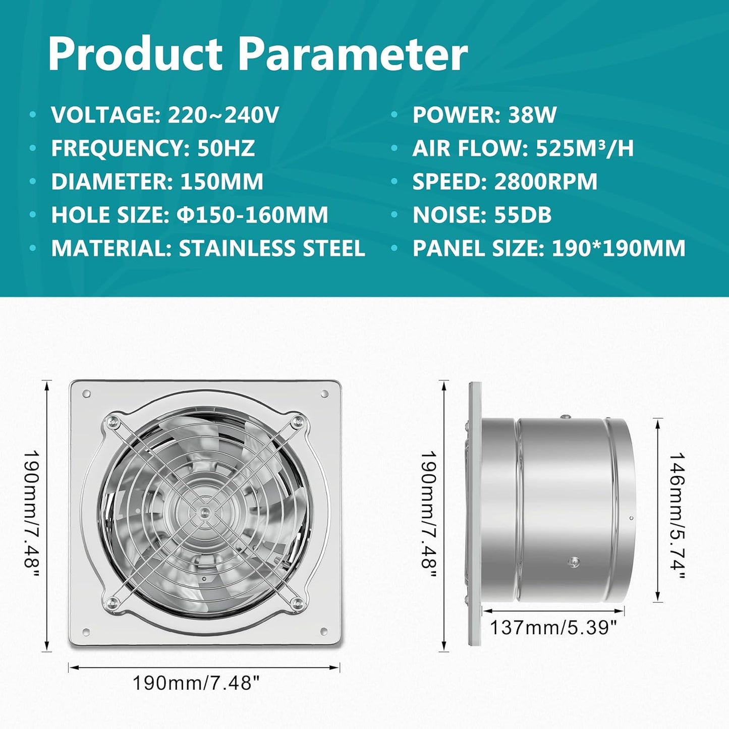 150Mm Ventola Aspirazione 525 M³/H Industriale Estrattore per Bagno Cucina Ventilazione, Circolazione Dell'Aria Con Spina EU, Argenteo