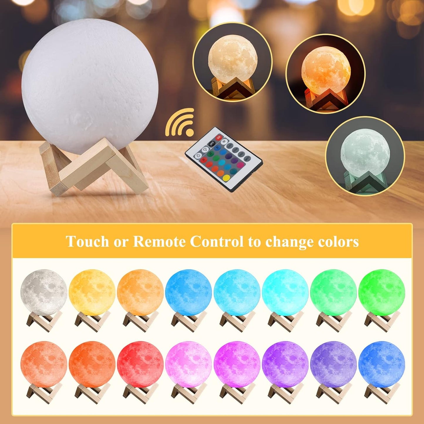 Lampada Luna 3D Stampa 15Cm 16 Colori RGB Telecomando Dimmerabile Con Toccare Il Controllo USB Ricaricabile Luce Notturna Con Adattatore Di Alimentazione [Classe Di Efficienza Energetica A+]