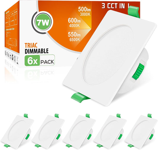 Faretti LED Da Incasso per Cartongesso Dimmerabili, Ultrasottili 7W IP44 3000K 4000K 6500K Faretti LED Soffitto, AC 220-240V, Diametro Foro Ø67-75Mm, Quadrato Bianco, Set Di 6
