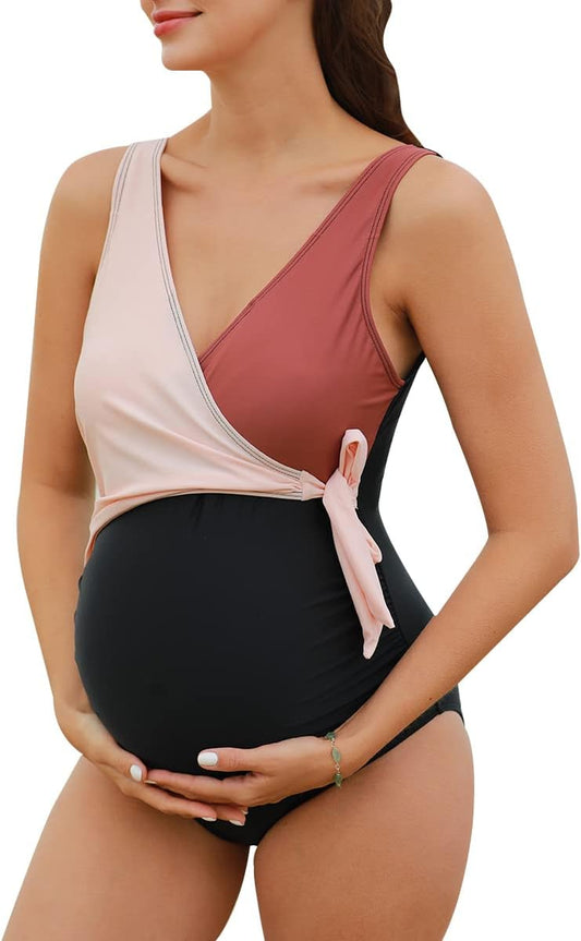 Costume Da Bagno Premaman Donna Intero Maternità Da Spiaggia Scollo a V Rosa/Nero XL