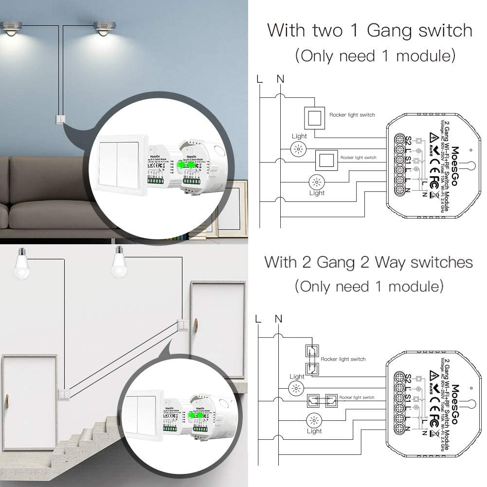 Smart Wifi Switch Interruttore Wireless Modulo Rele Telecomando Alexa E RF433 per Interruttori 2 Gang E 1/2 Vie, Compatibile Con L'App Smart Life Tuya Alexa Google Home