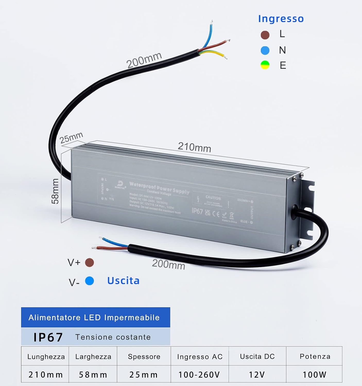 Trasformatore LED 12V 100W 8.33A, Alimentatore 220 12V DC, IP67 LED Driver Impermeabile per Esterni, Adattatore LED a Tensione Costante per Strisce LED Luci per Armadi E Lampadine LED