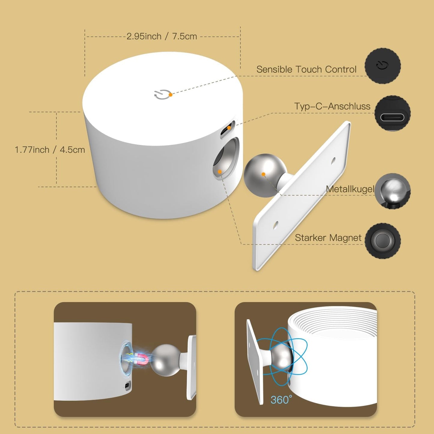 Lampada Da Parete a LED per Interni, Colore Bianco, 2 Pezzi, Senza Collegamento Di Alimentazione, Touch Control 3 Modalità Di Colore, 3 Livelli Di Luminosità, Lampada Da Parete Con