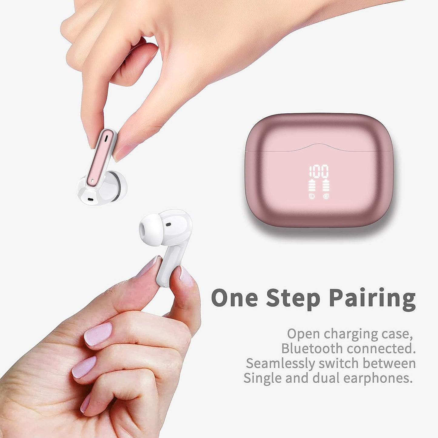 Cuffie Bluetooth, Auricolari Bluetooth 5.3 Stereo Hifi Con 4 HD Mics, Mini Cuffie Wireless Cancellazione Rumorecon, Cuffiette Bluetooth per Androide/Ios, USB-C, 40H Earbuds IP7 Impermeabili, Oro Rosa