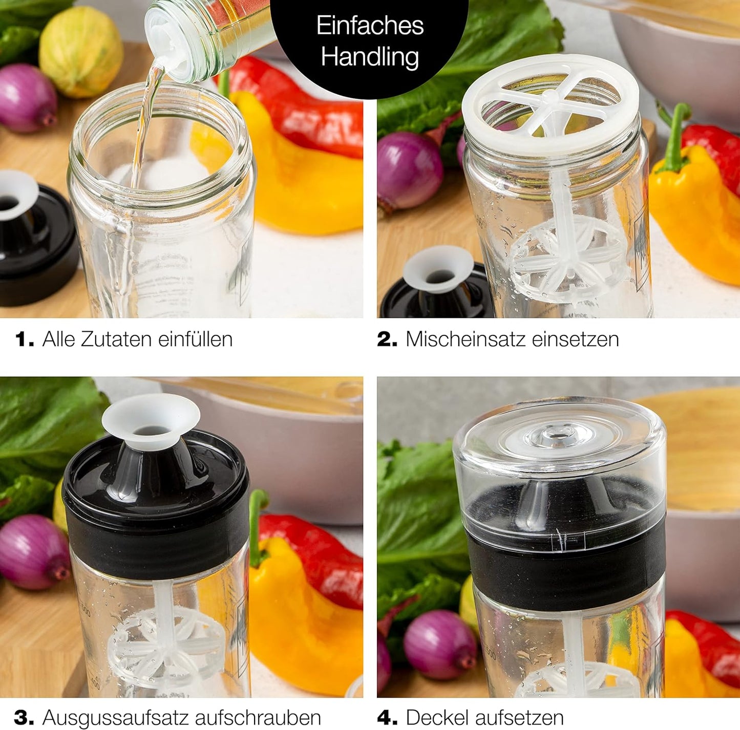 Shaker per Condimento 500 Ml – Recipiente in Vetro per Condimenti per Insalata Con Scala Graduata E 3 Ricette in Tedesco E Inglese - Comprese Posate per Insalata