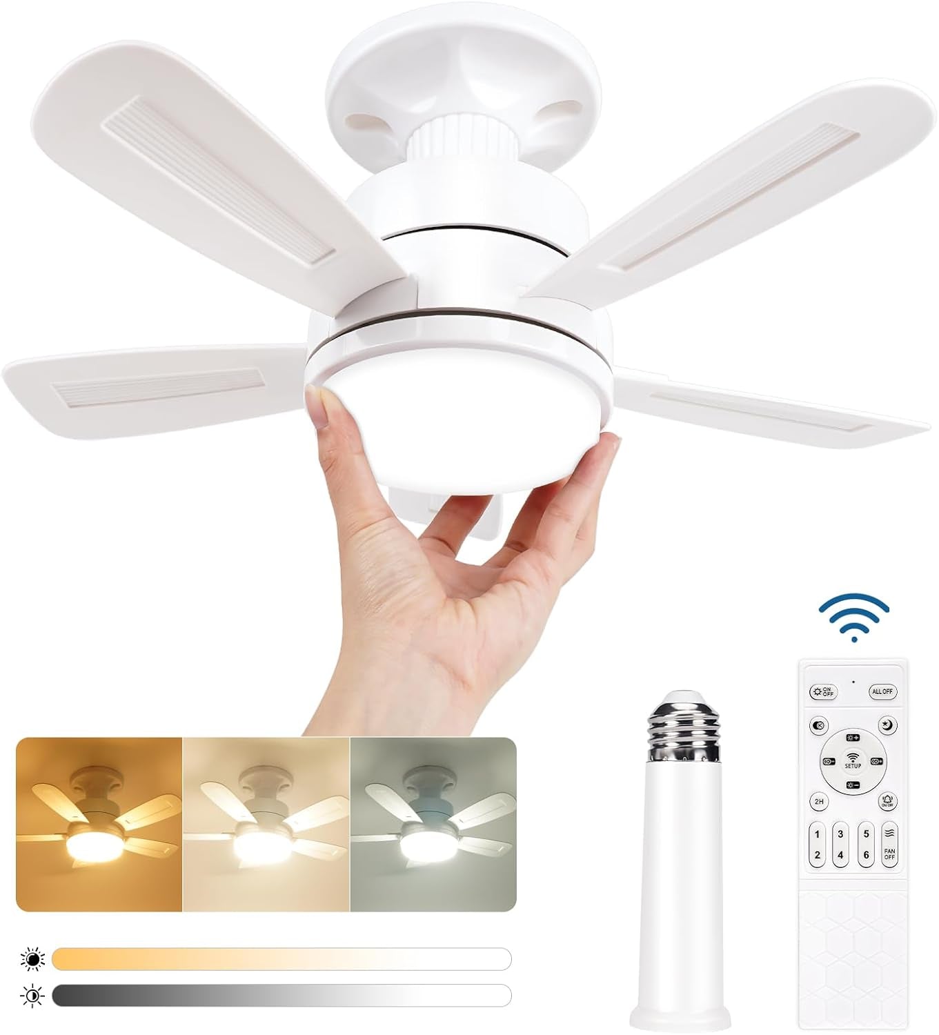 Ventilatore Da Soffitto Con Luce E Telecomando, Lampadario Ventilatore Silenzioso LED Dimmerabile, 3 Temperature Di Colore 3000K-6000K Lampada Con Ventilatore Da E27, 5 Pale, 6 Velocità