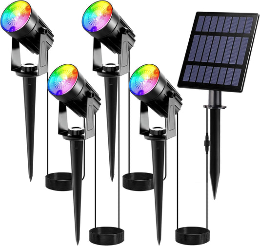 Faretti Solari Da Giardino RGB, Lampada Solare Giardino Colorate IP65 Impermeabili ON/OFF Automatici RGB per Giardino Alberi Cespugli Vialetto Confezione Da 4