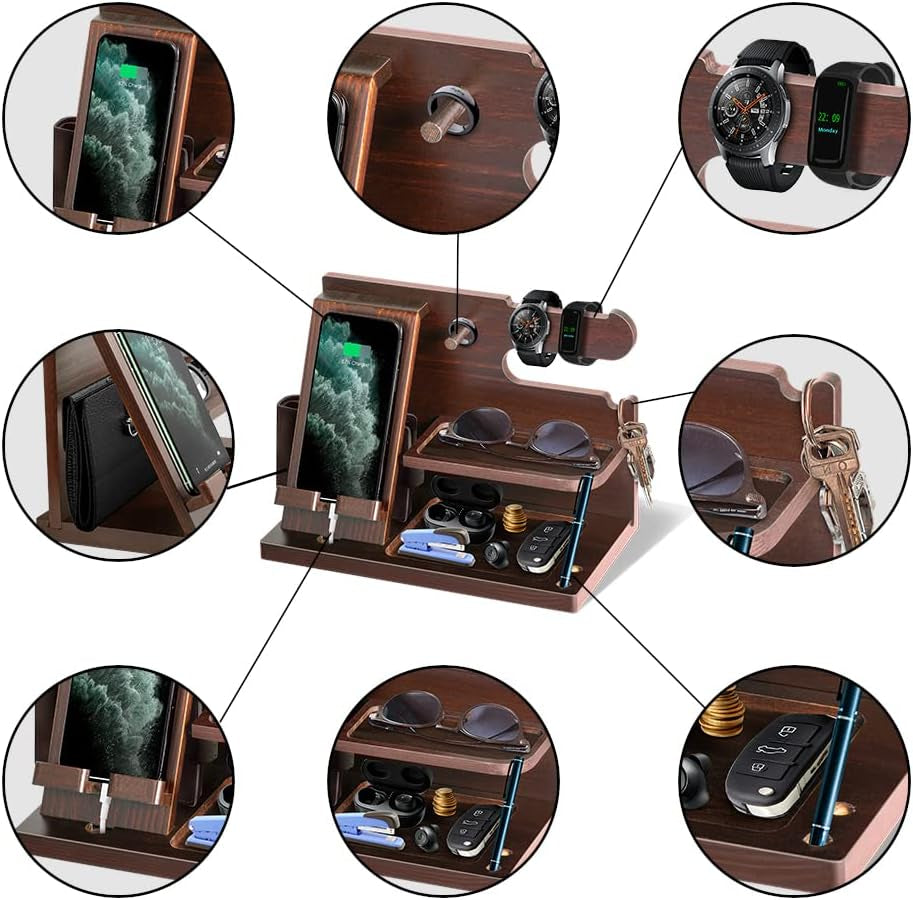 Regalo Uomo Docking Station in Legno per Telefono Supporto Portafoglio Orologio Con Ganci Regalo Papà Regalo San Valentino per Lui Anniversario Compleanno Regalo per Marito Festa Del Papa Idee Regalo