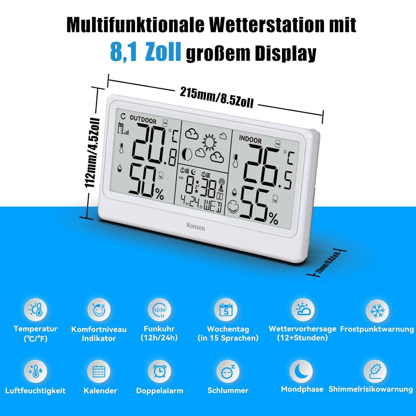 Stazione Meteo Radio Con Sensore Esterno, Orologio Radio DCF, Termometro Digitale, Igrometro Alimentato a Batteria, per Interni Ed Esterni, Con Previsioni Meteo, Bianco