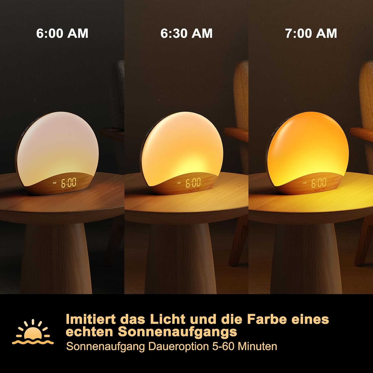 Venature Del Legno Sunrise Luce Sveglia Notturna E Macchina Del Suono, Orologio Digitale Dimmerabile per Camera Da Letto, 26 Suoni Di Sonno, Macchina per Il Rumore Bianco per Bambini, Adulti