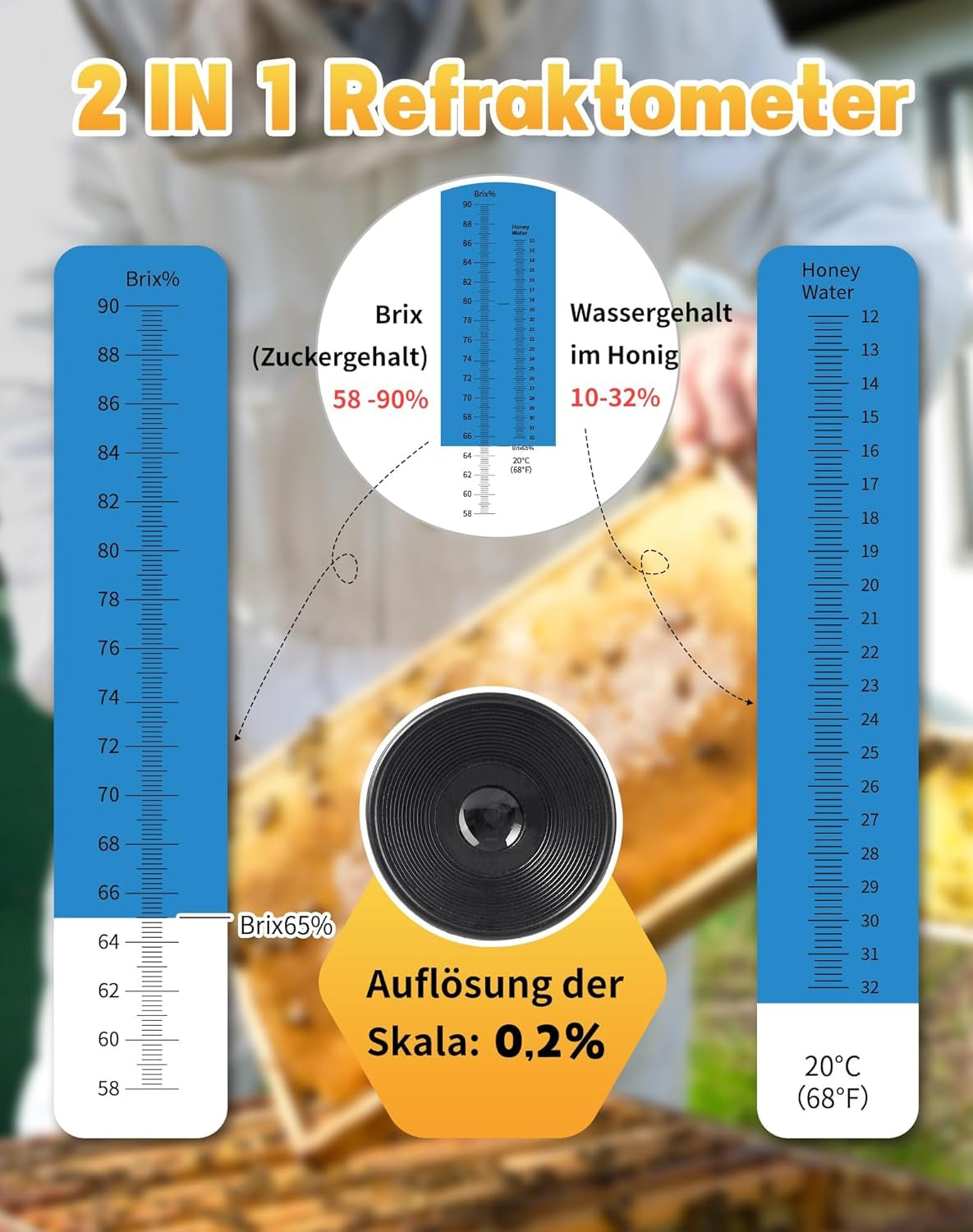 Rifrattometro Miele 2 in 1 Apicoltore Rifrattometro 10-32% Contenuto Di Acqua Miele 58-90% Brix Rifrattometro per Miele Sciroppo Di Zucchero Marmellata Di Frutta Melassa Honey Tester ATC