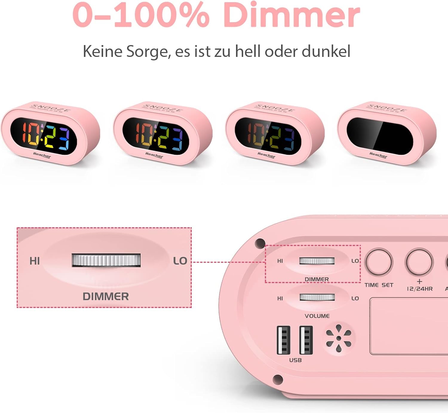 Sveglia Digitale per Bambini Con Porta Di Ricarica USB, Display LED Arcobaleno, Dimmer 0-100%, Alimentazione a Rete, Volume Regolabile, 12/24H, Piccolo Orologio Rosa Colorato per Ragazze