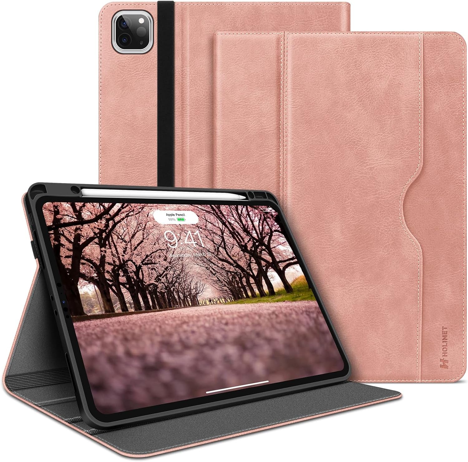 HOLIMET Custodia per Ipad Pro 12.9 Pollici 2021/2020/2018 (5°/4°/3° Generazione) Con Portapenne, in Pelle PU, Antiurto, Con Custodia E Funzione Auto Wake/Sleep, Supporto Multi-Angolo (Rosa)