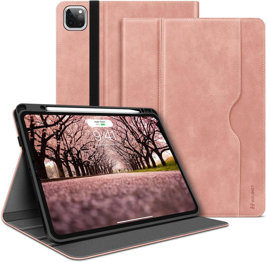HOLIMET Custodia per Ipad Pro 12.9 Pollici 2021/2020/2018 (5°/4°/3° Generazione) Con Portapenne, in Pelle PU, Antiurto, Con Custodia E Funzione Auto Wake/Sleep, Supporto Multi-Angolo (Rosa)