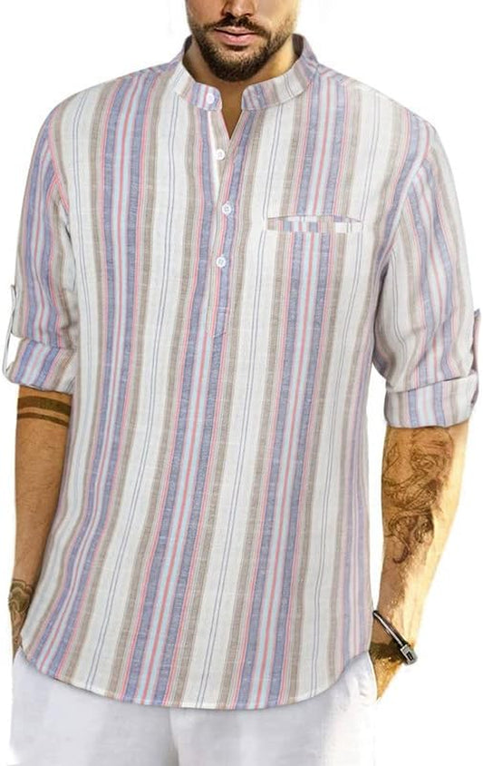 Uomo Camicie a Maniche Lunghe Henry Shirt Camicia Di Lino Camicia Estiva Camicia a Righe Regular Fit Maglia per Il Tempo Libero S-XXL