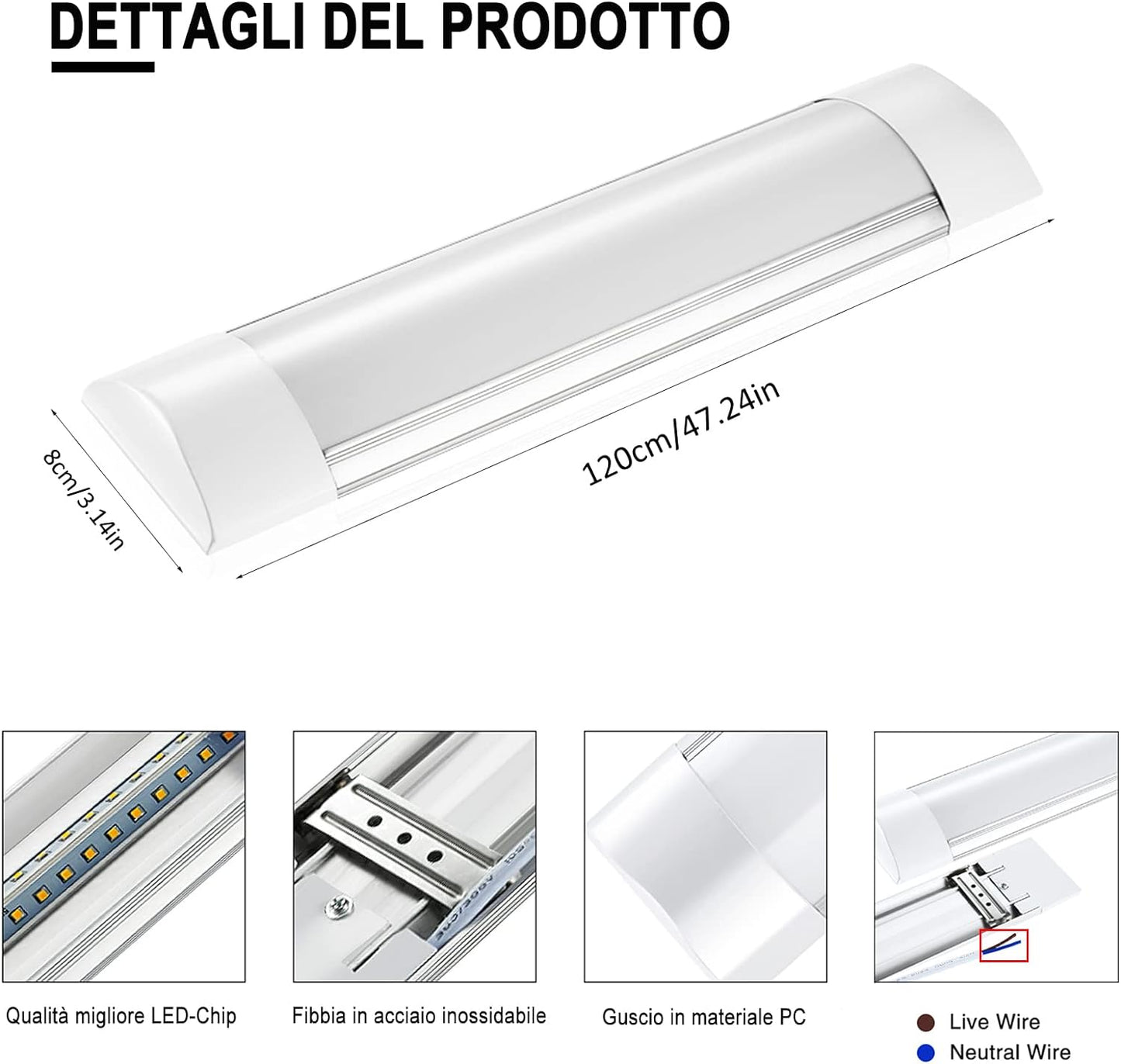 Plafoniera Da Officina, 115Cm 40W LED Luminaire 4800LM Lampada Da Soffitto, 6500K Bianco Freddo Lineare Tubo Neon LED Sottopensile Luce per Parete Garage Ufficio Cucina Barra Magazzino,2Pack