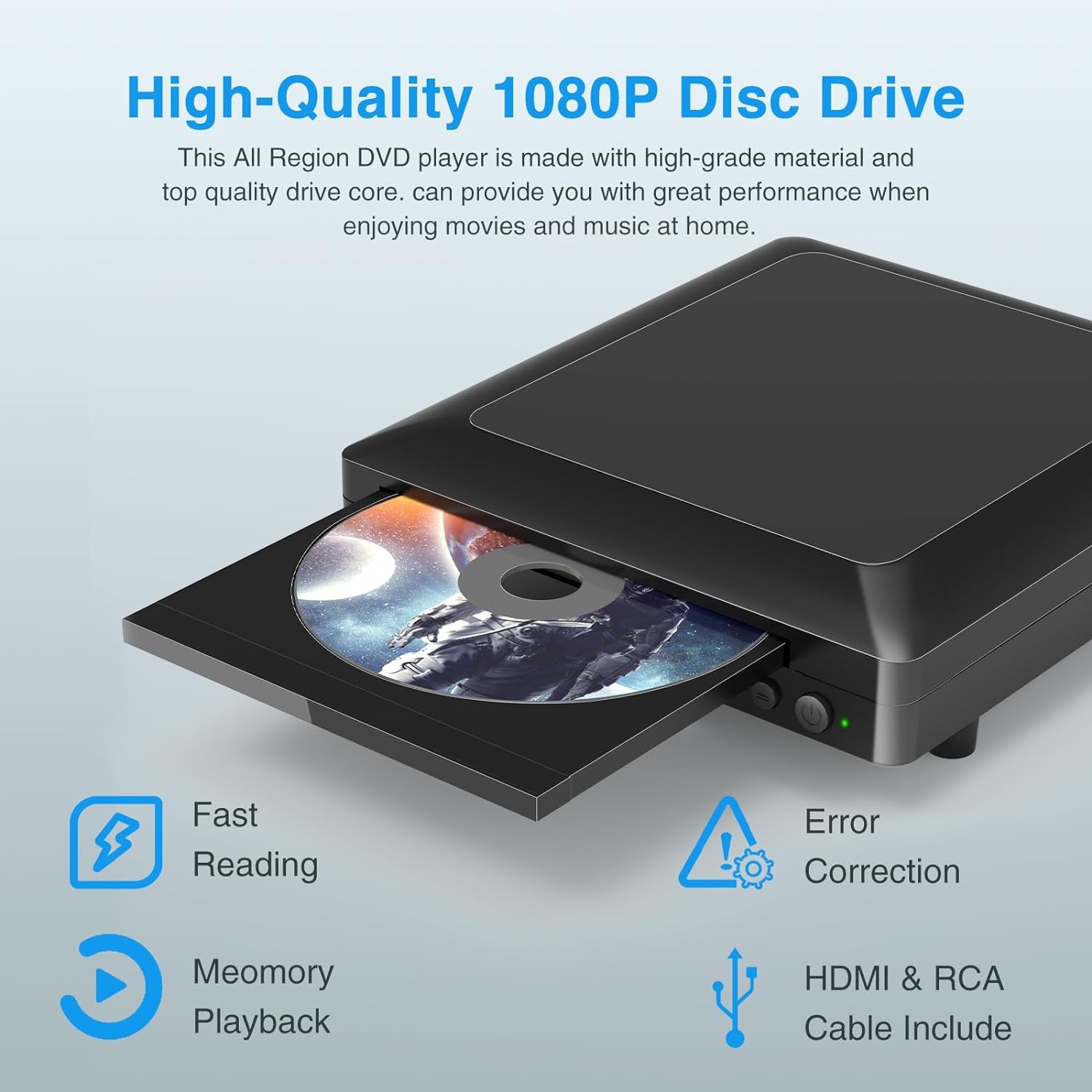 DVD Player for TV with HDMI AV Output, USB Input, HD1080P DVD CD Player, Built-In PAL NTSC System, All Region Free, HDMI/ AV Cable Included, 2019