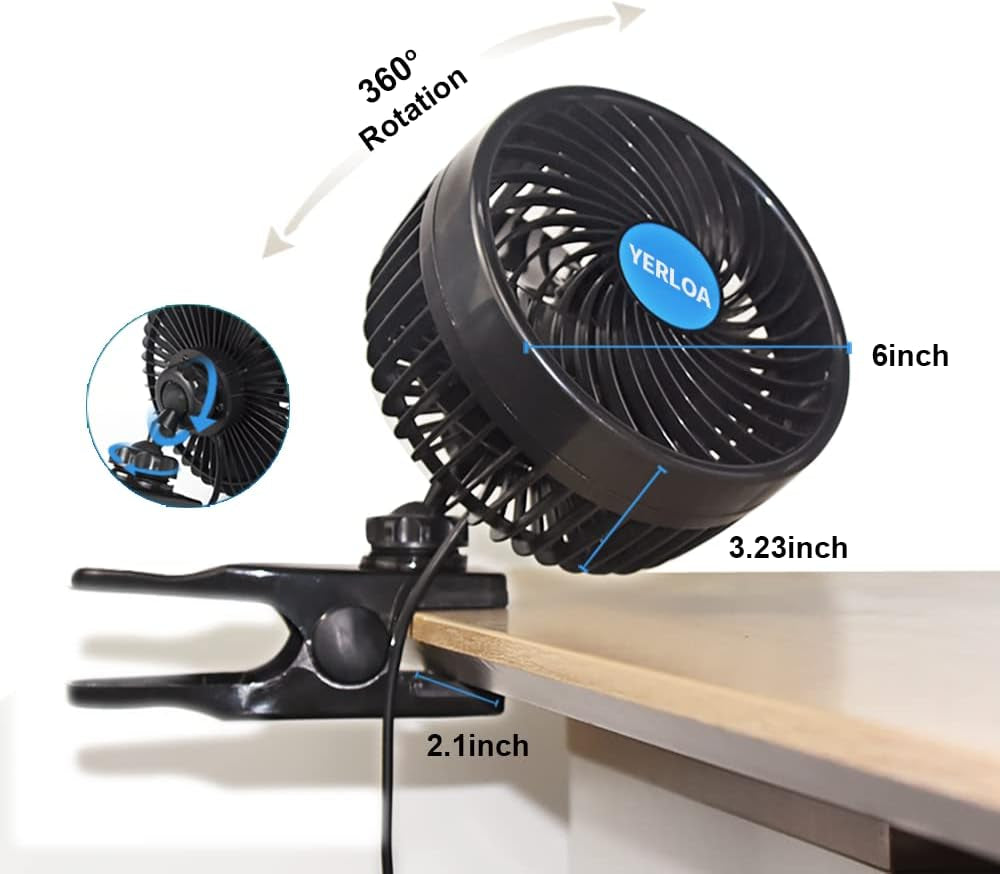 Ventilatore Auto 12 Volt,Ventilatore 12V Con Clip Raffreddamento Ventilatore per Auto 360° Ruotabile,Ventilatori per Auto 12V Con Regolazione Continua Della Velocità per Auto, SUV, Camper-2024 Nuovo