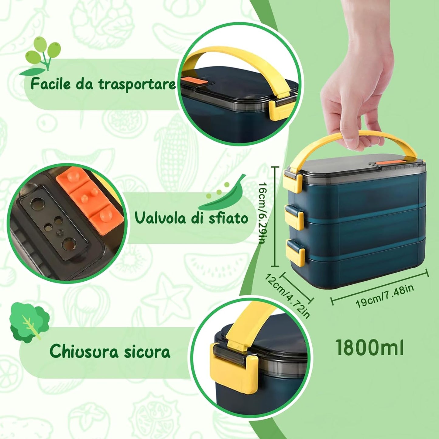 Porta Pranzo Bento, 3 Strati Lunch Box Ermetico, Bento Box Portapranzo, Bento Box Acciaio Inox per Microonde E Lavastoviglie, Scatole Bento per Adulti E Bambini (1800ML)