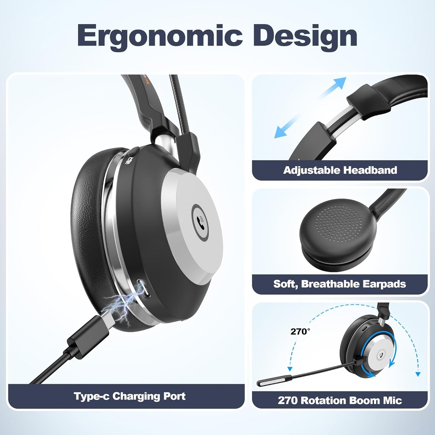 Cuffie Con Microfono, Cuffie Wireless 882BT Con Stazione Di Ricarica, V5.2 Bluetooth Con Microfono Di Cancellazione Del Rumore E Dongle USB, Compatibile Con Computer Laptop Teams