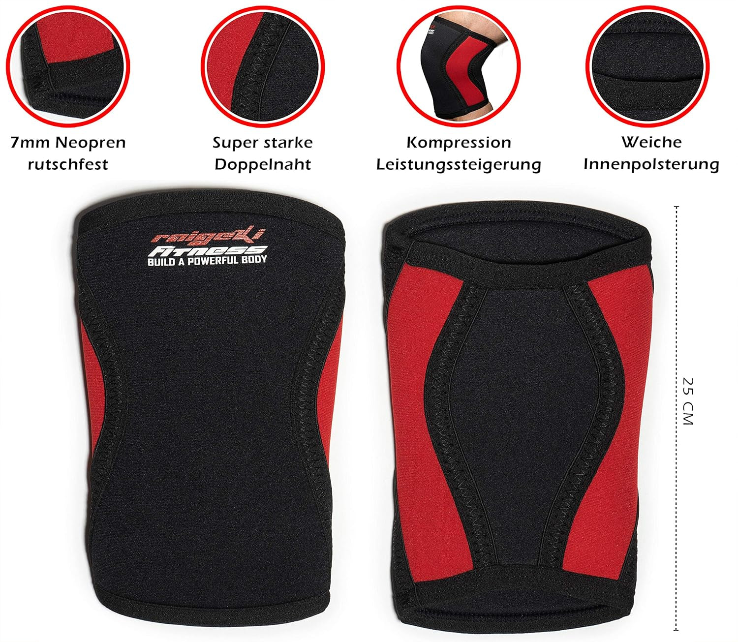 Raigeki Fitness - Ginocchiera in Neoprene Da 7 Mm, Set Da 2 Pezzi, per Ginocchia, Ginocchiere (+ Piastre per Allenamento) Anche per Gomiti, Ginocchiere, per Allenamento Di Forza, Crossfit, Bodybuilding E Arti Marziali