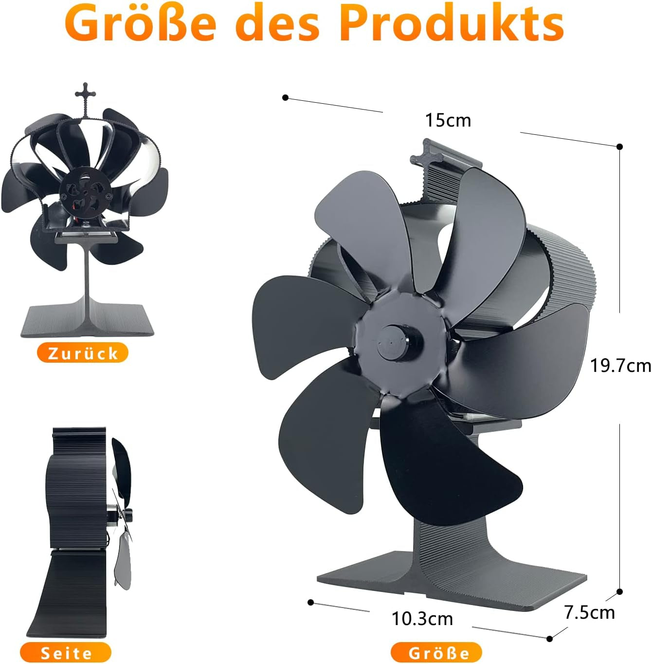 Ventilatore per Camino, Senza Corrente, Ventilatore per Stufa, Ventilatore Da Forno a 6 Fogli, Con Termometro, per Legno/Legna Da Ardere, Focolare / Canna Fumaria (Nero)