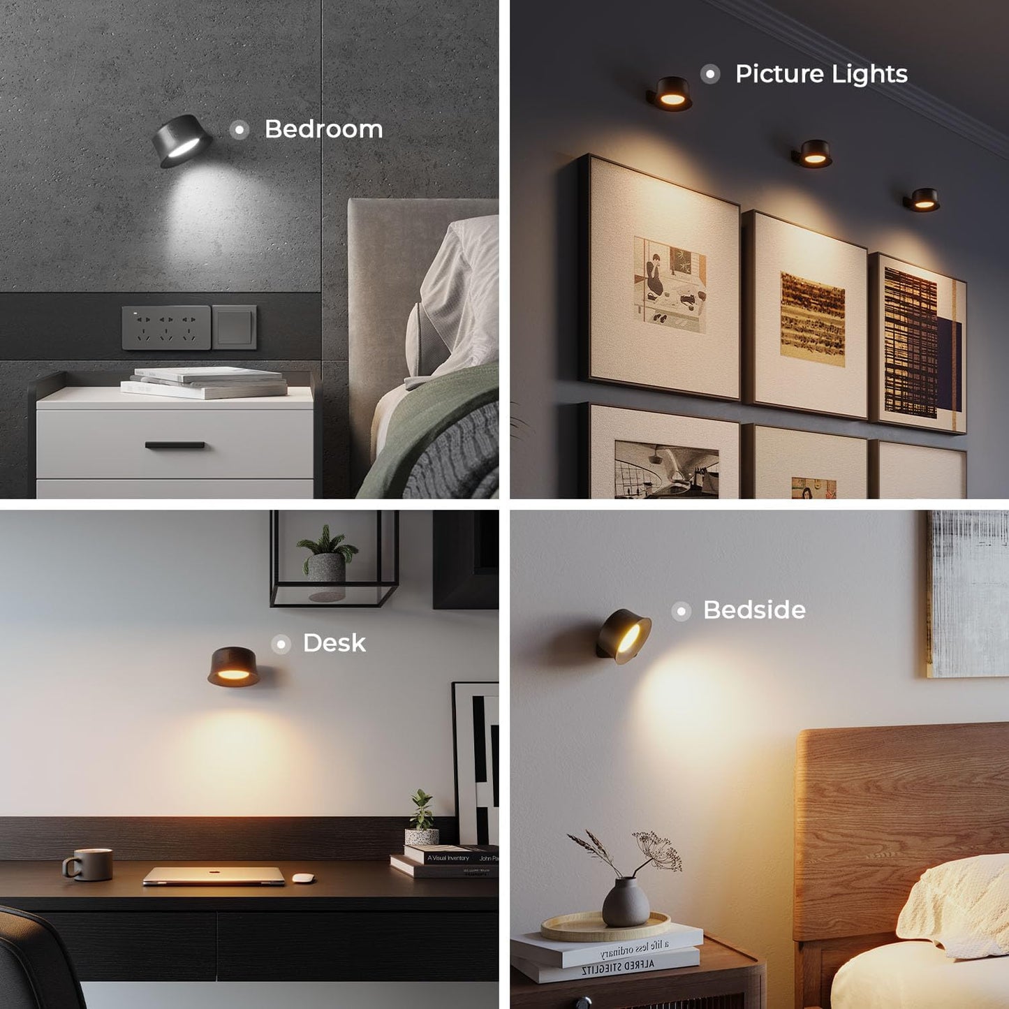 Luce Da Parete LED Interna,Lampada Da Parete Con Batteria Ricaricabile,Telecomando Con Controllo Tattile,Rotazione a 360°, Lampade Da Parete Wireless per Soggiorno Camera Da Letto, Nero 1 Pezzo