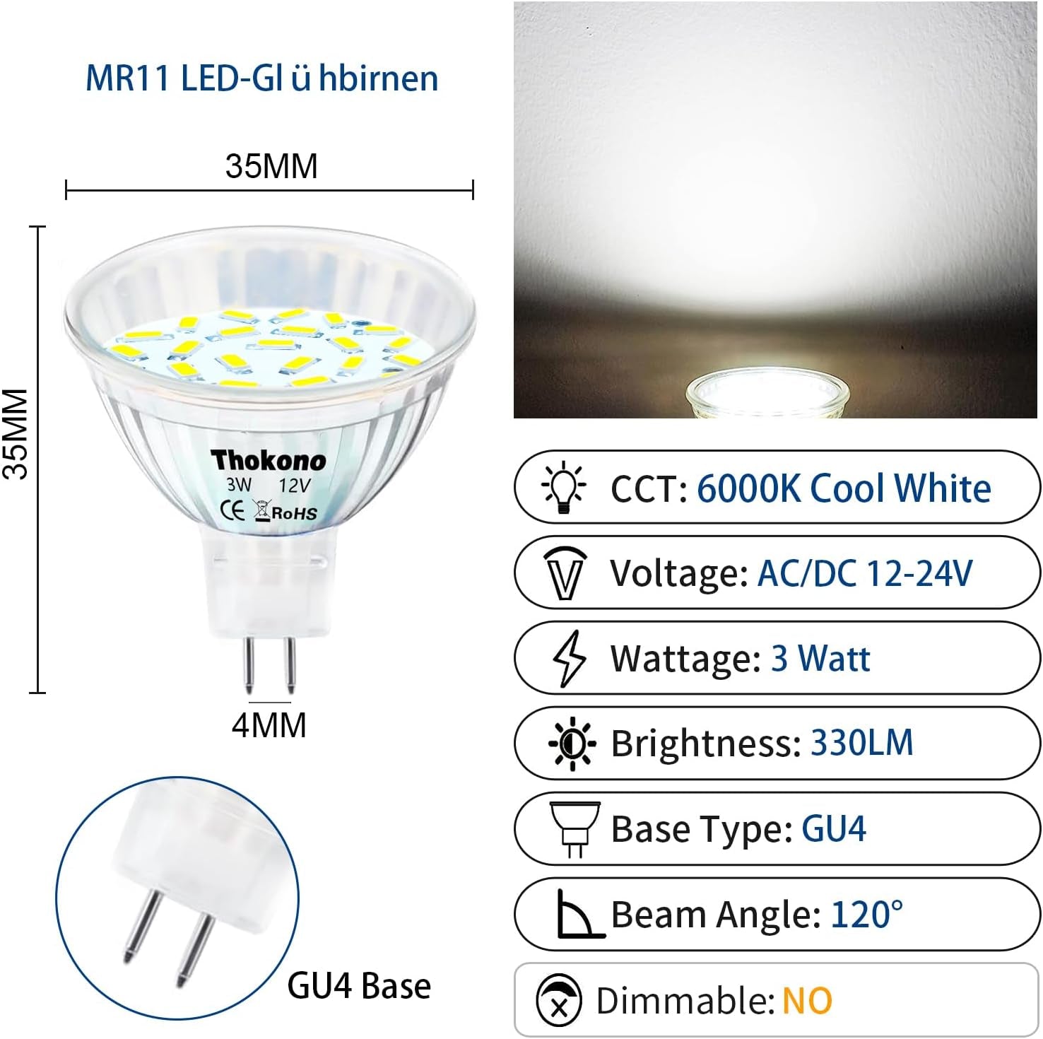 MR11 GU4 LED Bianco Freddo 6000 K, 3 W, Sostituisce Lampadine Alogene Da 20 W, 330 Lm, Confezione Da 10 Pezzi, AC/DC 12 V-24 V, Angolo Di Diffusione Di 120°, Non Dimmerabile