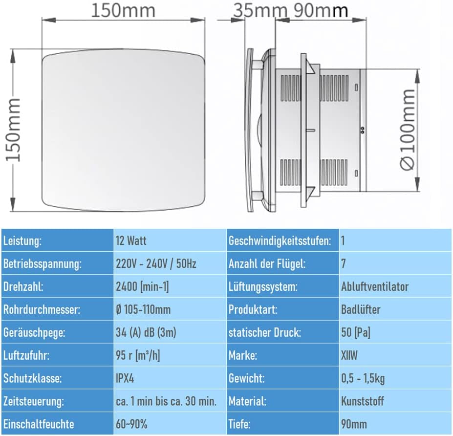 100Mm Ventilatore Da Bagno Con Timer, Diametro 100 Mm, Ventilatore Di Scarico Con Deflettore Di Riflusso,Aspiratore per Bagno per Toilette,E Cucina, 95 M³/H, 12 Watt, 34 Db, IPX4 (Bianco)