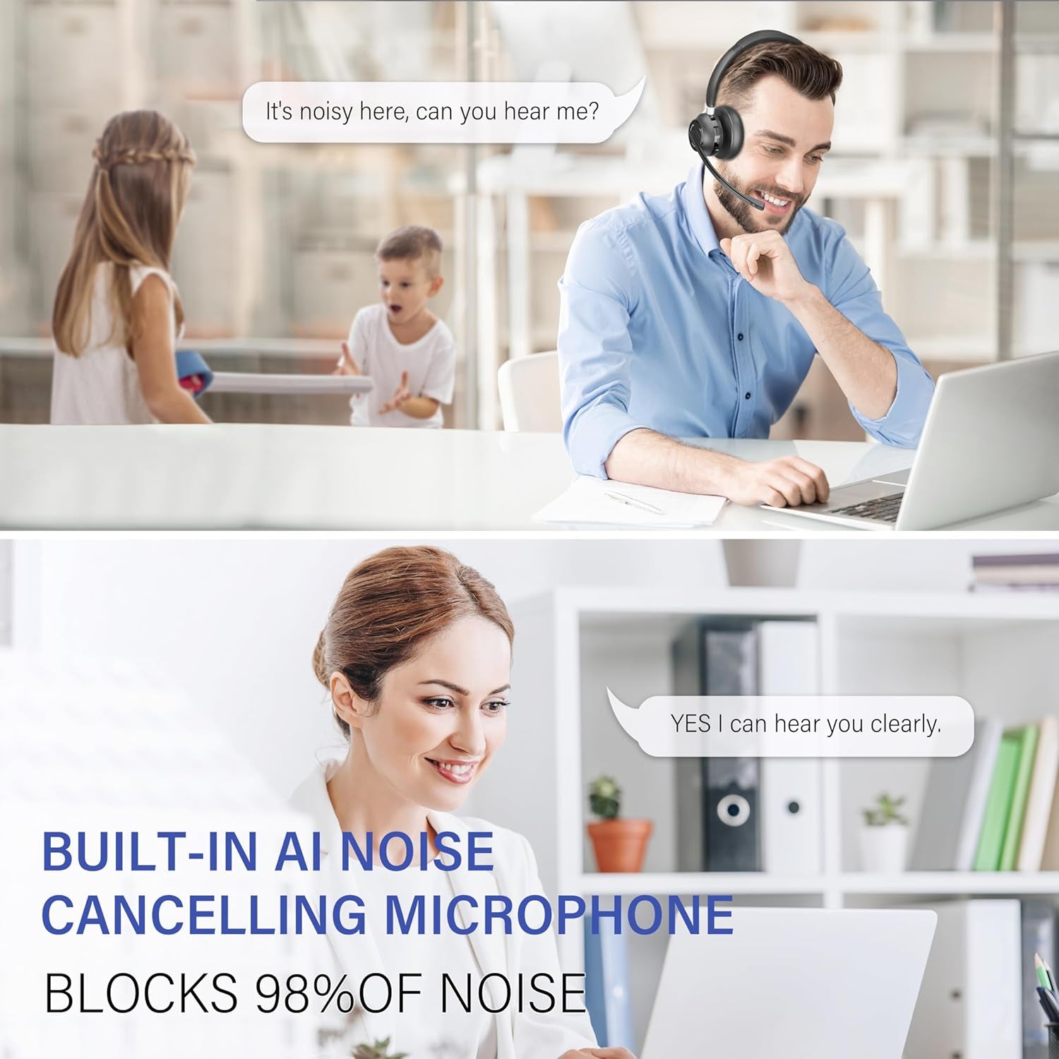 Cuffie Con Microfono Senza Filo per PC E USB Dongle, Cuffie PC Senza Fili Con 45 Ore Di Riproduzione, Mic Mute, per Call Center, Skype Zoom, Etc
