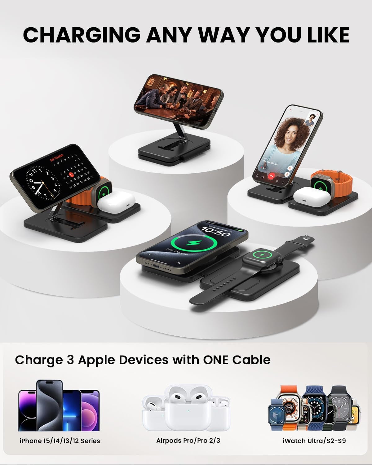 Caricatore Con Magsafe, 3 in 1 Stazione Di Ricarica per Apple Watch E Iphone 15/14/13/12/Pro Max, Caricatore Wireless per Iwatch 2-Ultra 2, Base Caricabatterie Wireless per Airpods 2-Pro-Nero