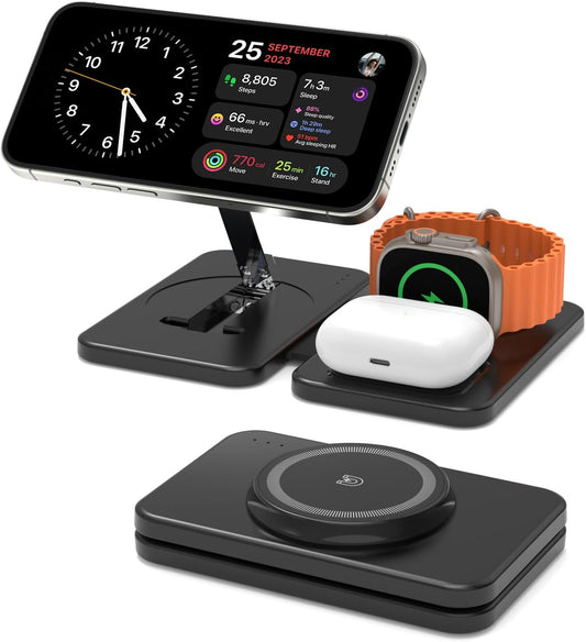 Caricatore Con Magsafe, 3 in 1 Stazione Di Ricarica per Apple Watch E Iphone 15/14/13/12/Pro Max, Caricatore Wireless per Iwatch 2-Ultra 2, Base Caricabatterie Wireless per Airpods 2-Pro-Nero
