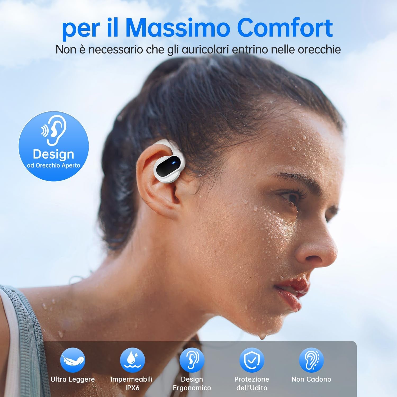 Cuffie Bluetooth 5.3 Orecchio Aperto, Auricolari Senza Fili 50 Ore Di Riproduzione, Cuffie Open Ear Wireless Con 2 Microfoni ENC, Auricolari Sportivi per Allenamenti